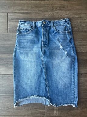 NWOT!! Blue Denim Midi Skirt with Distressed Hem